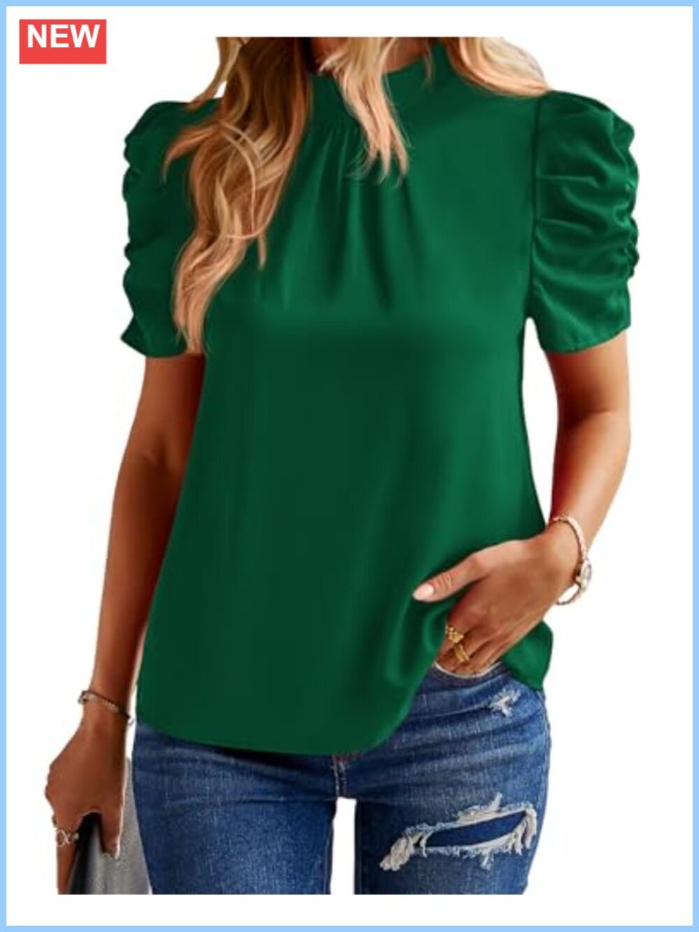 Womens High Neck Blouse with Button Keyhole Back Puff Sleeve Work Top